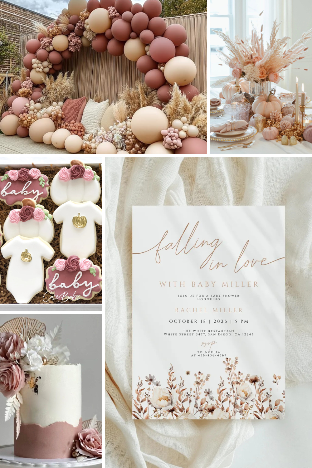 Collage of a romantic fall baby shower theme featuring blush and beige balloon arch with pampas grass and floor pillows, elegant fall table setting with dried florals and mini pumpkins, pink and white baby shower cookies with roses and gold pumpkins, a modern blush-toned floral cake, and a minimalist invitation reading “falling in love with baby.”