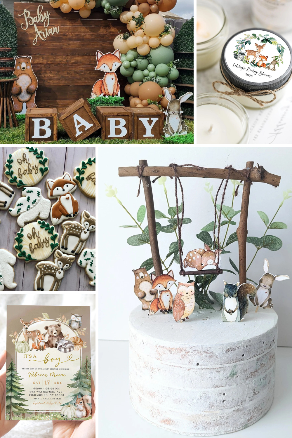 Collage of Woodland Creatures baby shower ideas including a rustic wood backdrop with bear, fox, and bunny cutouts, a sage and terracotta balloon arch, woodland animal sugar cookies, a “Baby Shower” candle favor with a fox label, a forest animal baby shower invitation, and a white frosted cake topped with a twig swing and miniature woodland animals like a deer, owl, fox, squirrel, and bunny.