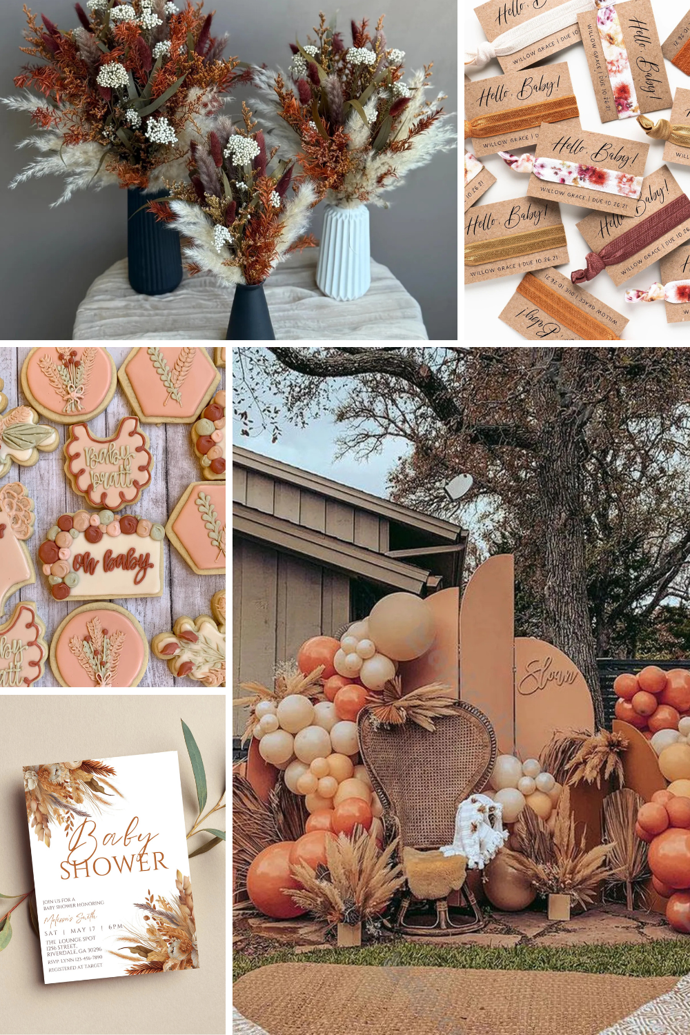 Collage of Boho Fall baby shower ideas featuring dried floral centerpieces with pampas grass in earth-toned vases, a variety of “Hello Baby” boho headband favors, peach and terracotta iced sugar cookies with fall and wheat motifs, a rattan peacock chair surrounded by beige and burnt orange balloons and pampas grass, and a minimal baby shower invitation with neutral autumn florals.