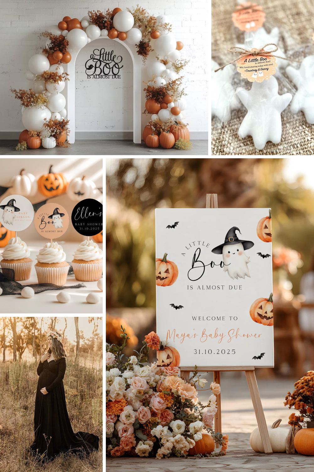 Collage of ghost-themed Halloween baby shower decor with a white arch balloon display reading “A Little Boo Is Almost Due,” ghost-shaped wax favors with twine tags, cupcakes topped with Halloween picks, a welcome sign with pumpkins and a ghost in a witch hat, and a fall maternity photo of a mom in a black dress with a flower crown. The color scheme features soft neutrals, orange pumpkins, and spooky-cute touches.