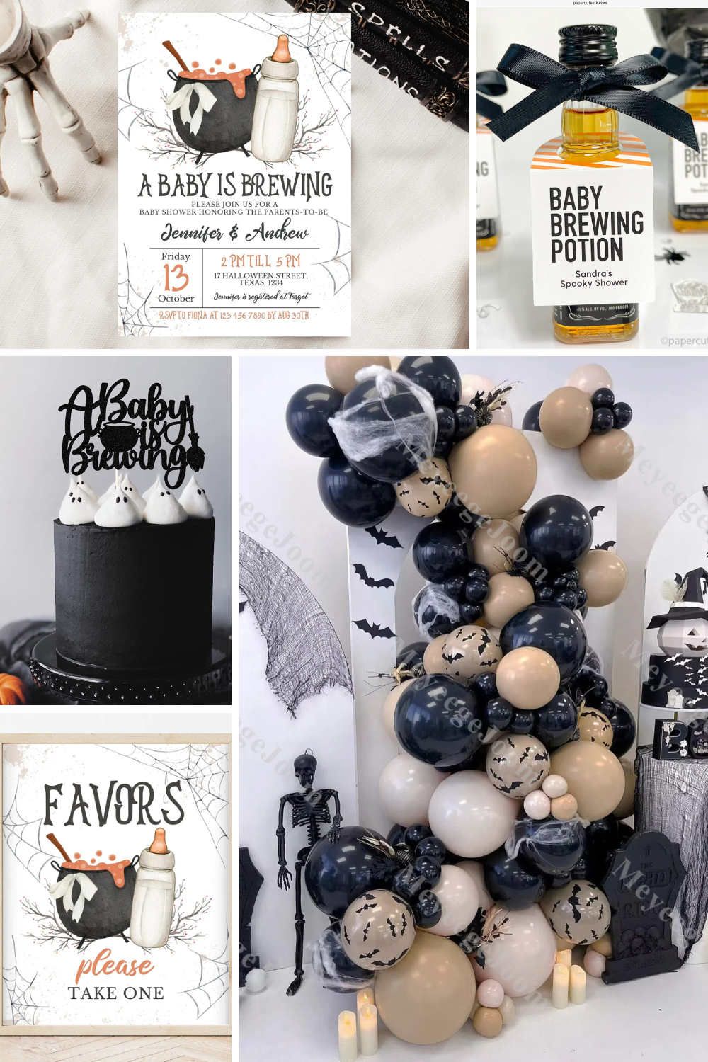 Collage of spooky-themed “A Baby Is Brewing” baby shower ideas featuring a witchy baby shower invitation with a cauldron and bottle, mini bottles labeled “Baby Brewing Potion,” a black cake topped with ghost meringues and a themed cake topper, a black and beige balloon arch with cobwebs and bat accents, and a skeleton standing near signage and candles. Also shown is a favors sign with a bubbling cauldron illustration.