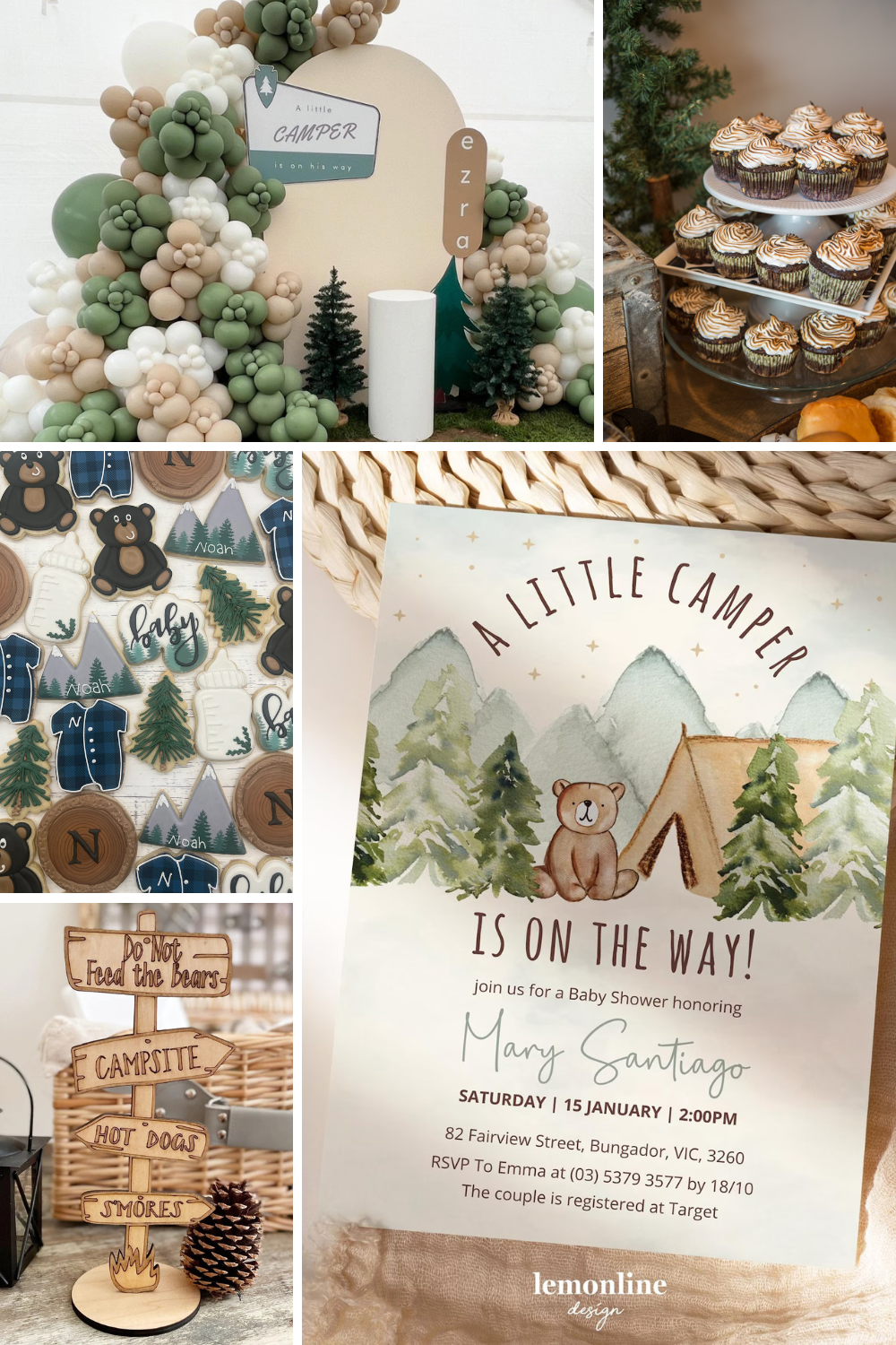 Collage of “A Little Camper Is On the Way” baby shower decor featuring a green, white, and tan balloon arch with pine trees, s’mores cupcakes, rustic sugar cookies shaped like bears, flannel shirts, trees, and tents, a watercolor baby shower invitation with a bear and tent illustration, and a small wooden signpost with arrows pointing to “Campsite,” “Hot Dogs,” and “S’mores.”
