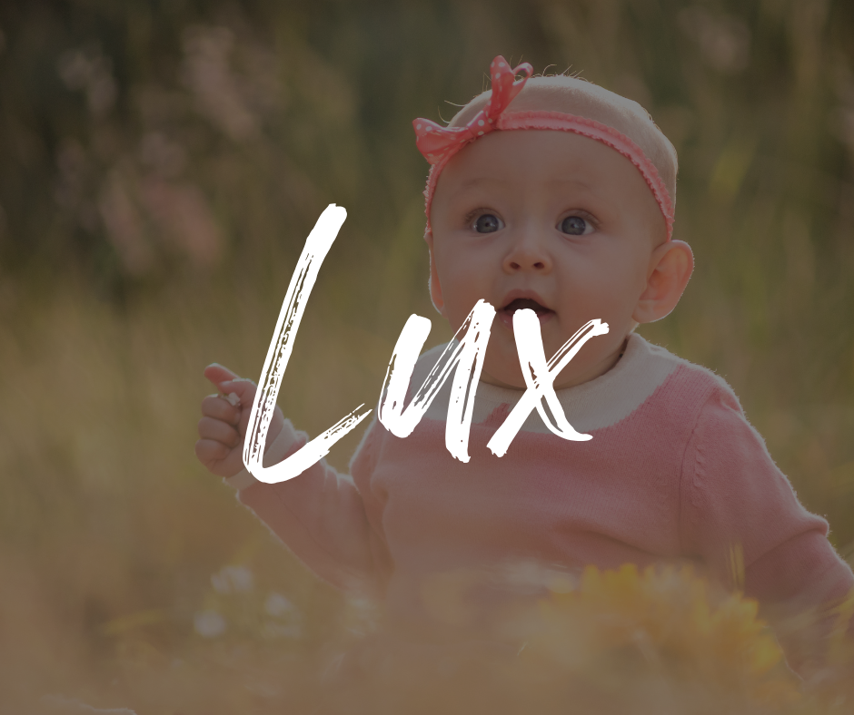 Baby girl in a pink sweater and headband sitting in a sunlit field, looking up with wide eyes, with the name “Lux” written in bold white script across the image.