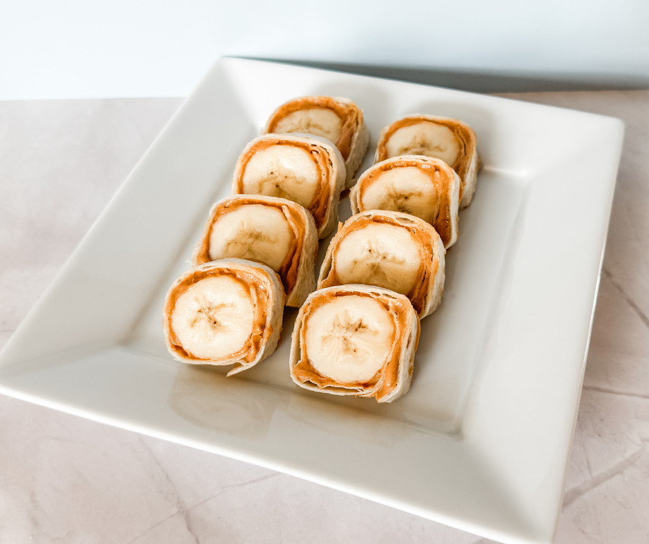 Peanut butter banana pinwheels made with a tortilla, peanut butter, and banana slices.