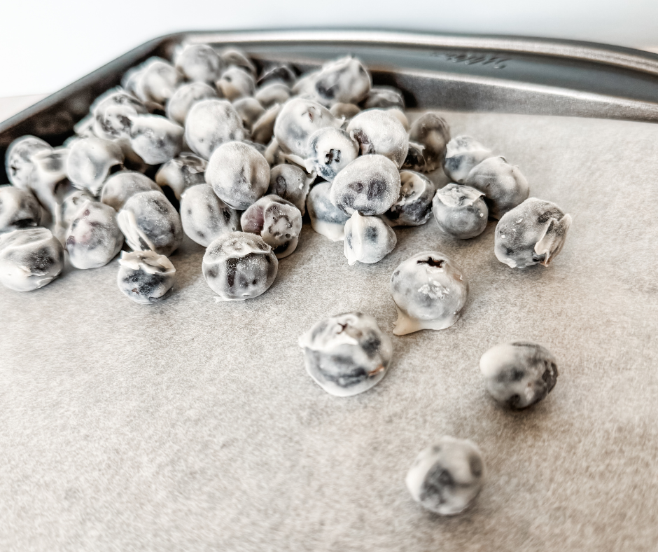 Frozen blueberry yogurt bites on a tray. An easy, healthy snack idea for kids that tastes like candy.