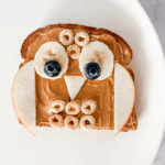 Owl toast made with peanut butter, bananas, blueberries, apples, and cereal — a cute and healthy snack idea for kids.