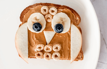 Owl toast made with peanut butter, bananas, blueberries, apples, and cereal — a cute and healthy snack idea for kids.