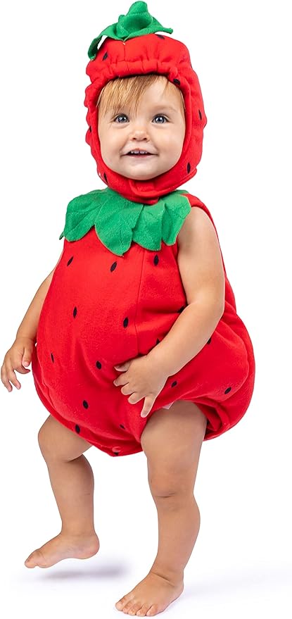 Baby in a strawberry Halloween costume for baby girls