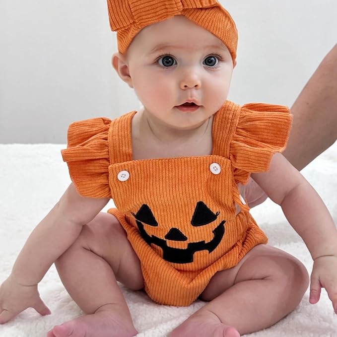 Baby girl wearing a jack-o-lantern pumpkin Halloween costume.