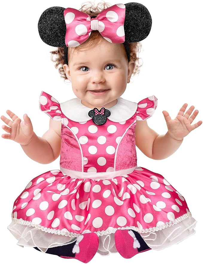 Baby girl in a Minnie Mouse costume.