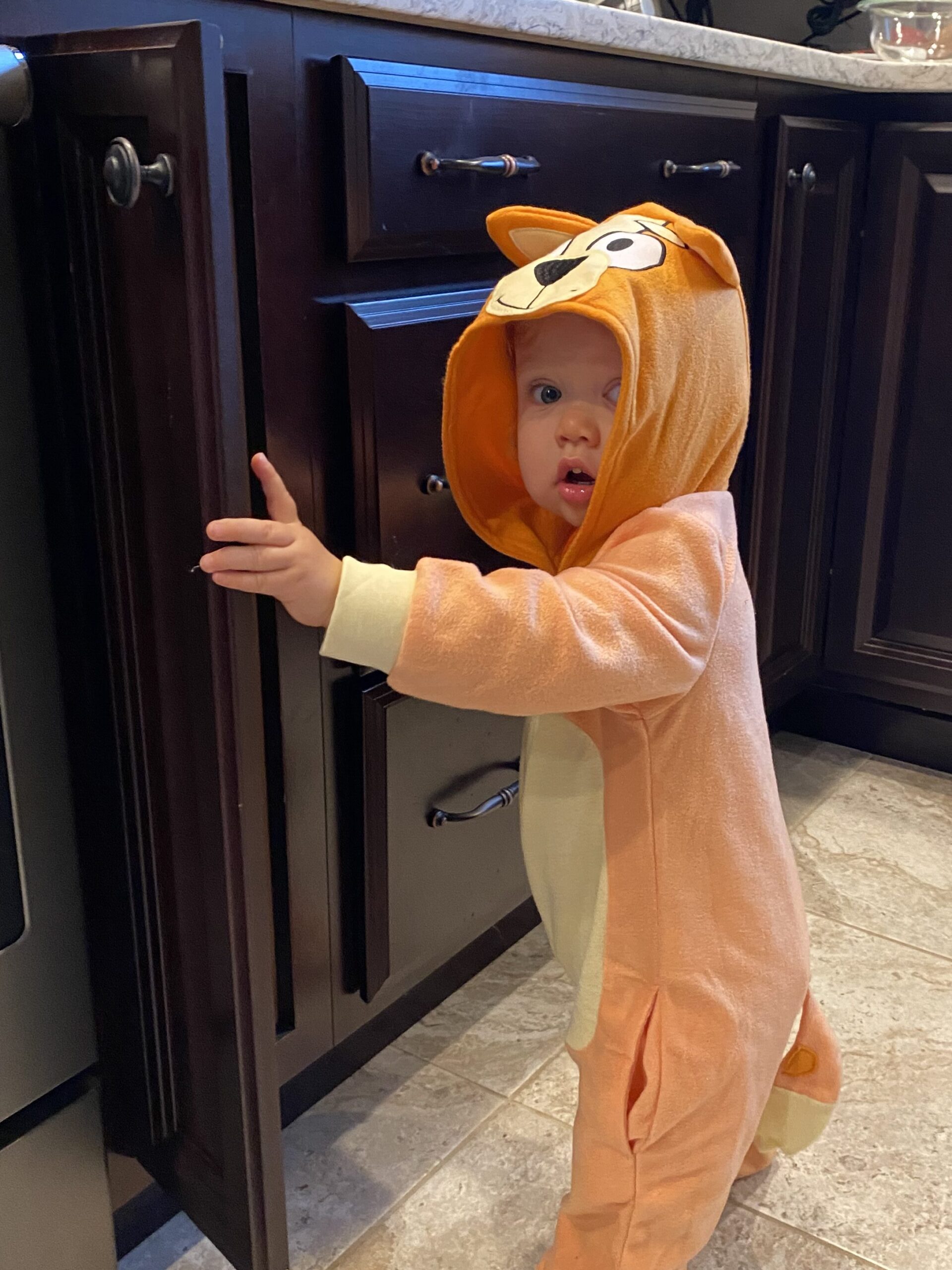 Baby girl in a bingo Halloween costume from the show Bluey