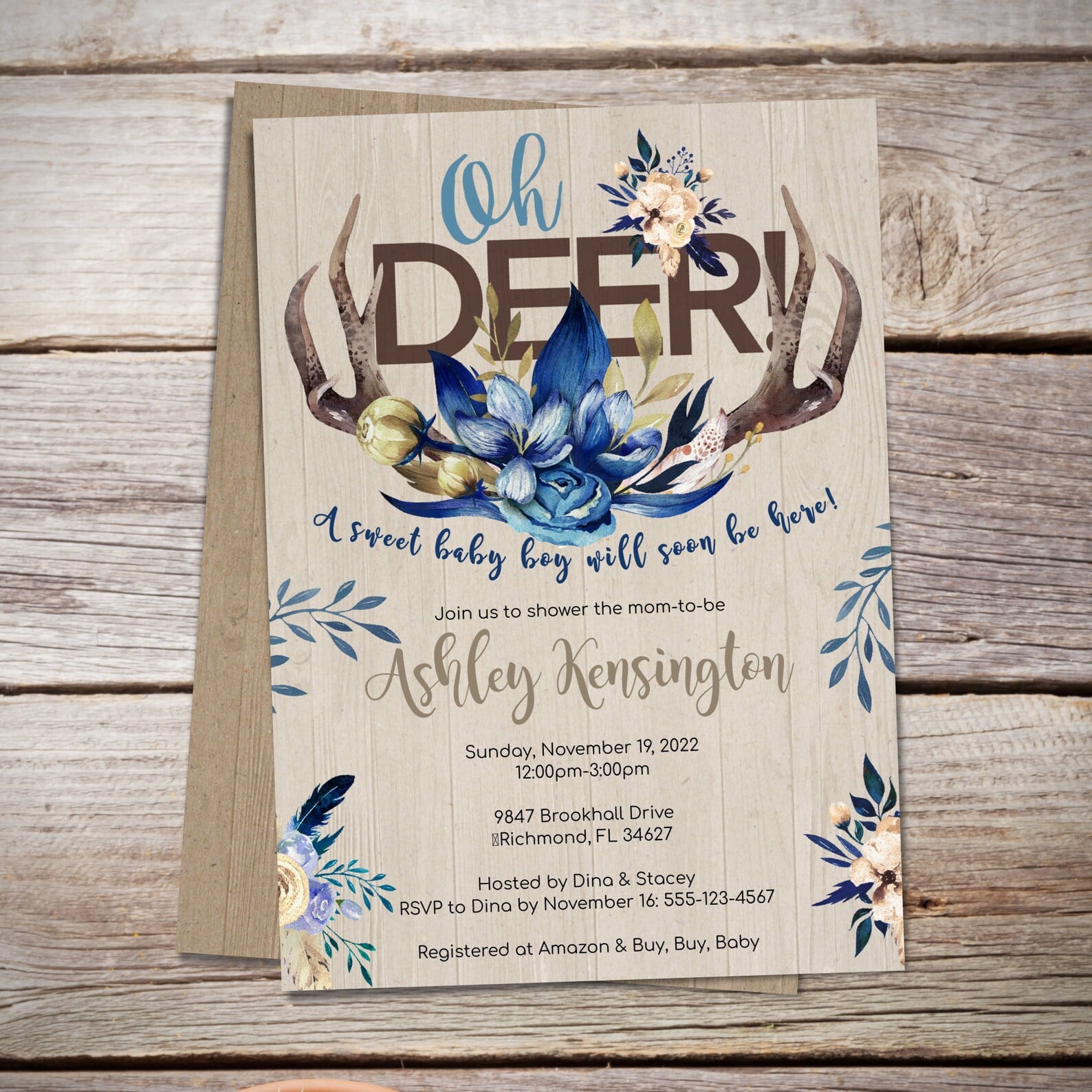 Deer themed boy baby shower invitation.
