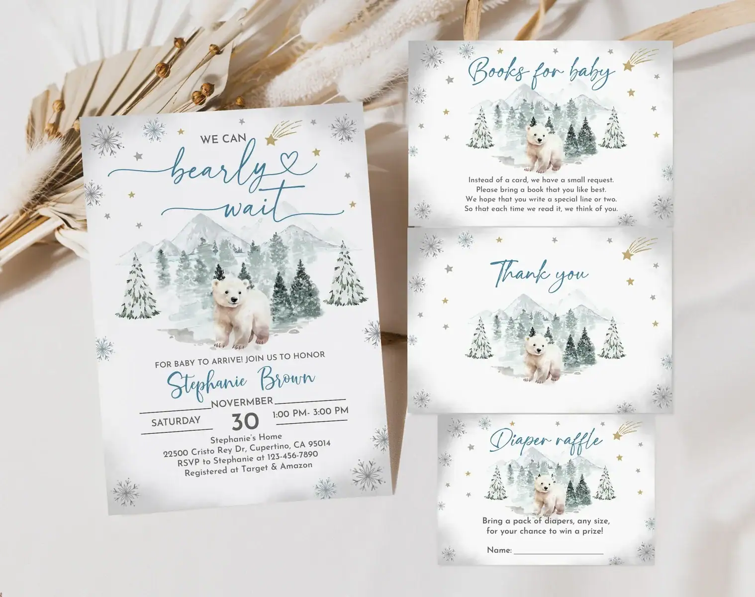 Winter baby shower theme called “We can bearly wait” comes with invitation, thank you card, and diaper raffle card.