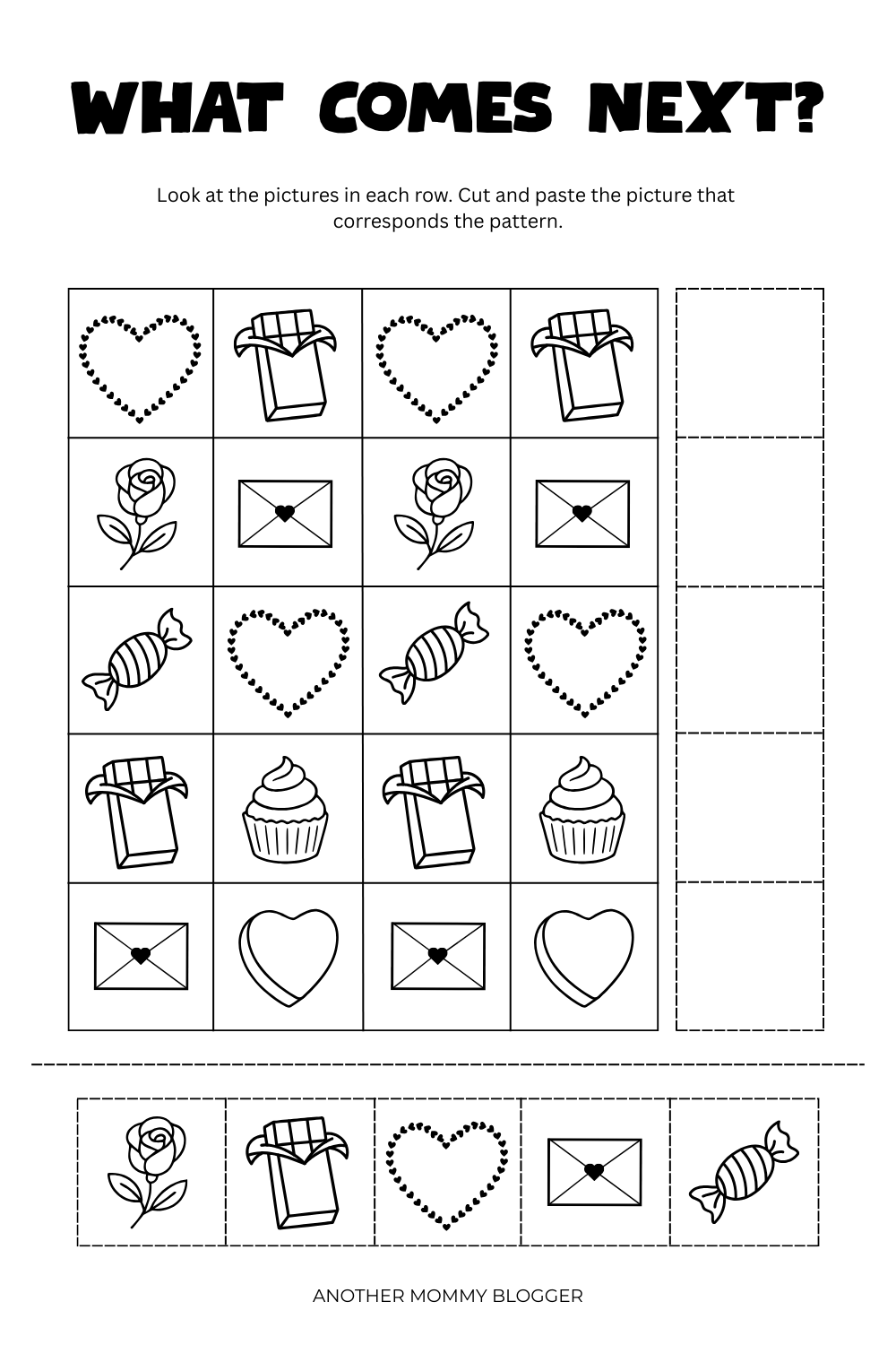 Printable Valentine’s Day pattern activity for preschool and kindergarten with cut-and-paste images