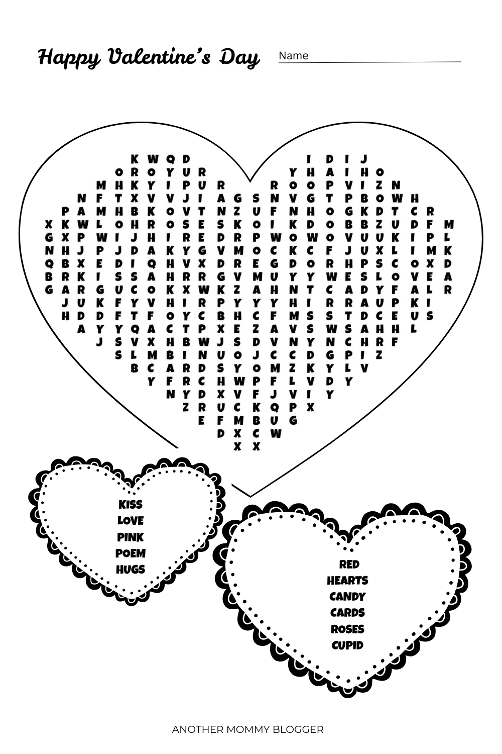 Valentine’s Day word search printable in a heart shape with themed words like love, hugs, candy, and cupid for kids
