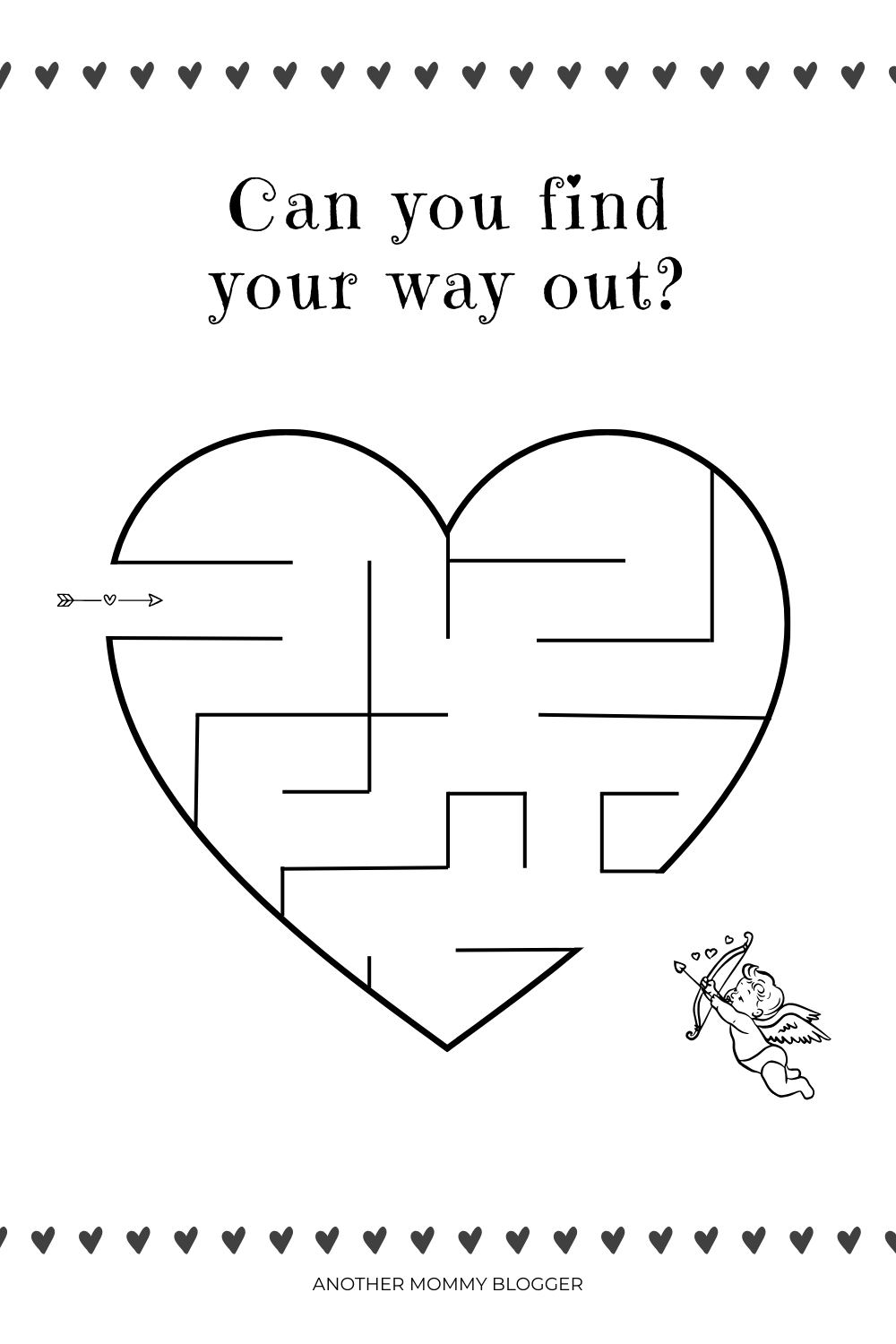 Valentine’s Day heart maze printable for kids with a simple maze designed for preschool and kindergarten