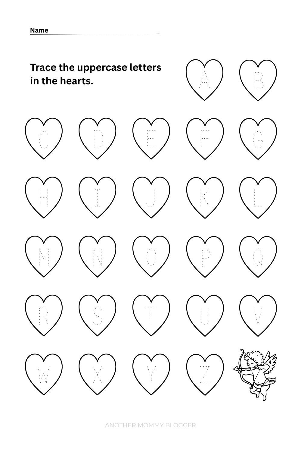 Valentine’s Day letter tracing printable with uppercase alphabet inside heart shapes for preschool and kindergarten