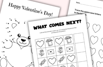 Valentine’s Day printable activities bundle for kids including a maze, word search, pattern matching, and letter tracing sheets