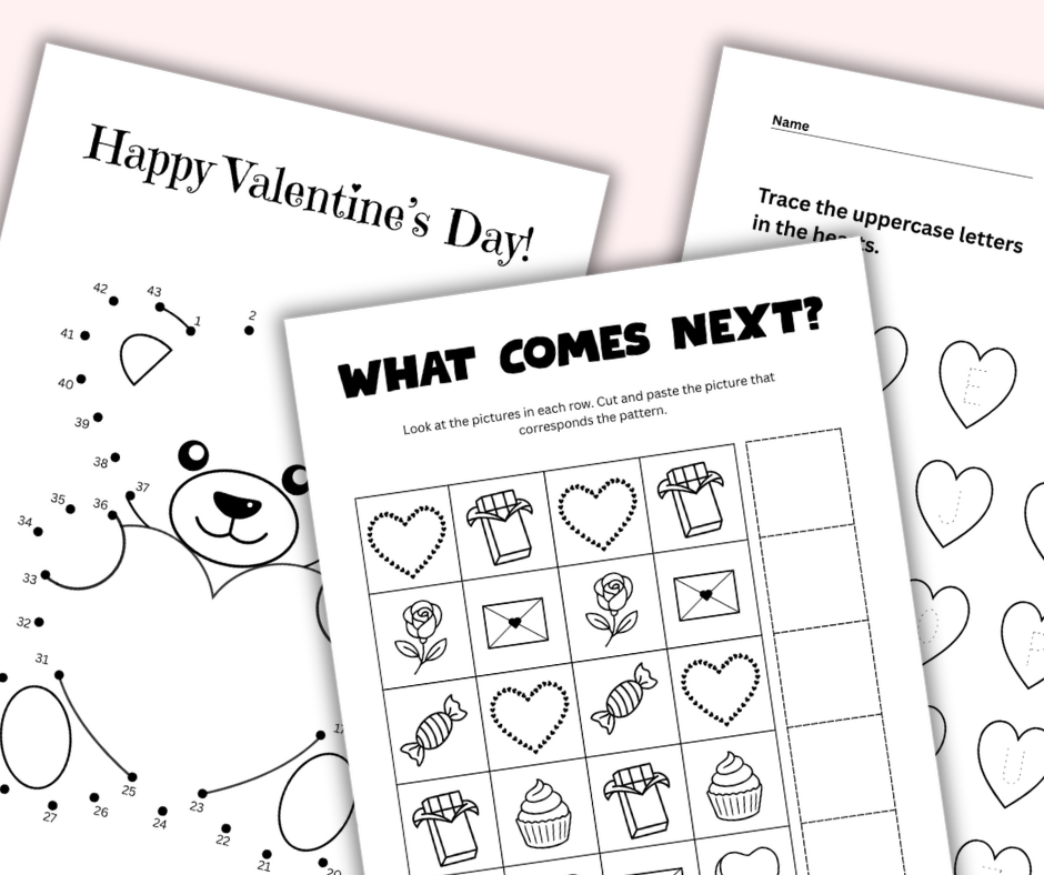 Valentine’s Day printable activities bundle for kids including a maze, word search, pattern matching, and letter tracing sheets