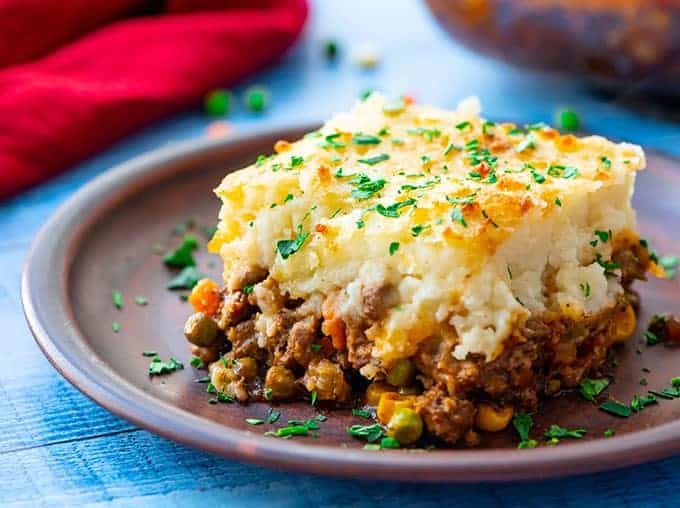 Postpartum freezer meal shepherd’s pie with ground beef vegetables and mashed potatoes served on plate