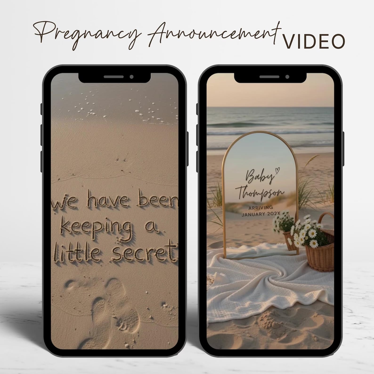 Beach pregnancy announcement video idea featuring a secret message written in the sand followed by a personalized baby announcement sign with the baby's last name and due date displayed on the beach.
