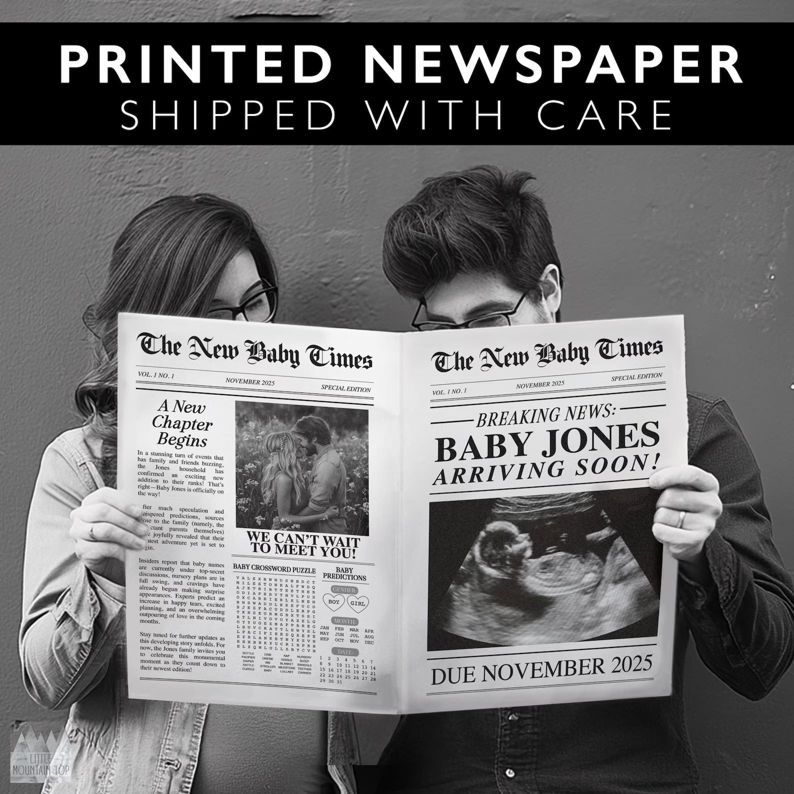 Newspaper pregnancy announcement photo idea featuring an expecting couple holding a personalized baby announcement newspaper with their ultrasound photo, baby's last name, and due date.