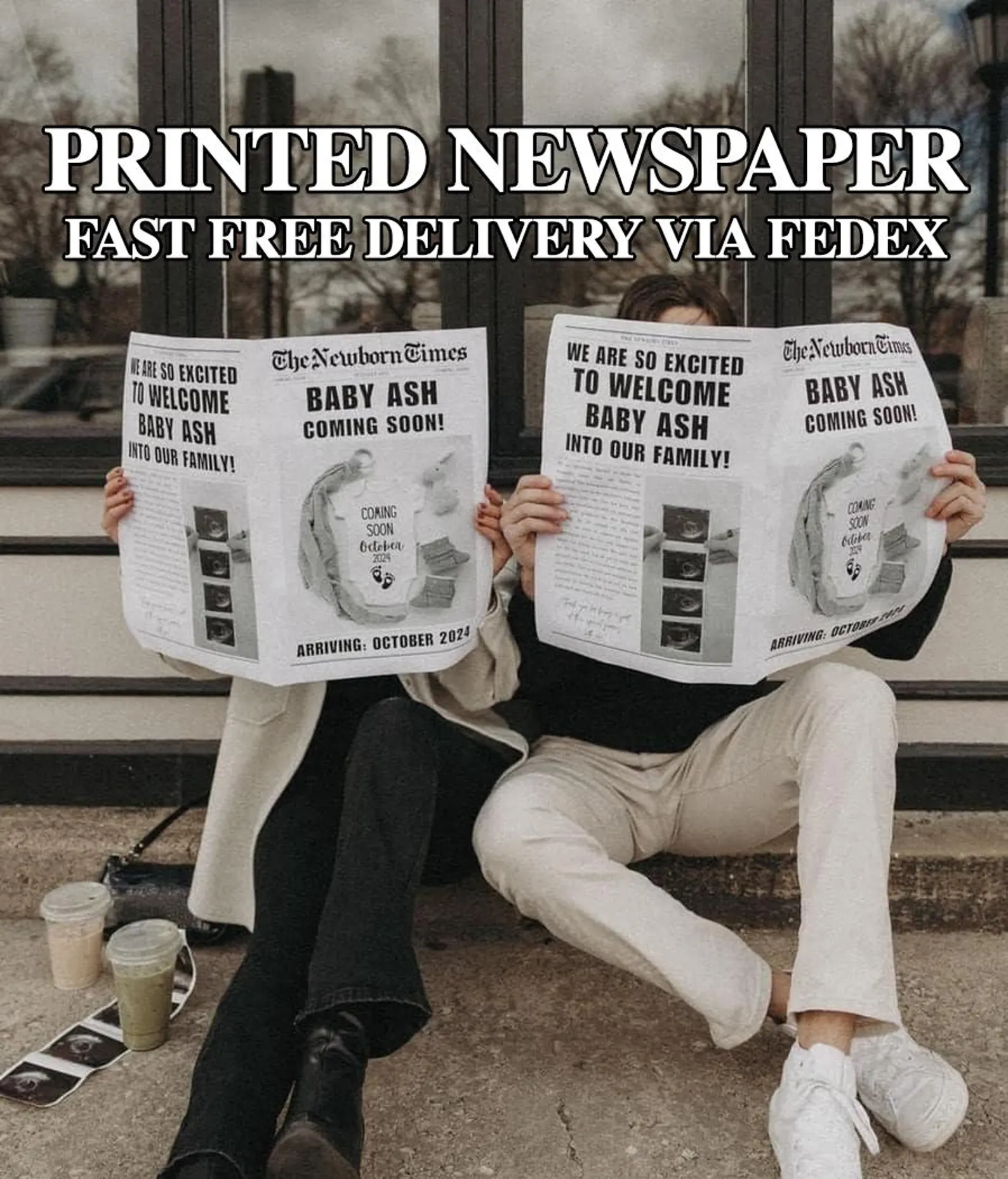 Couple sitting holding newspaper pregnancy announcement 
