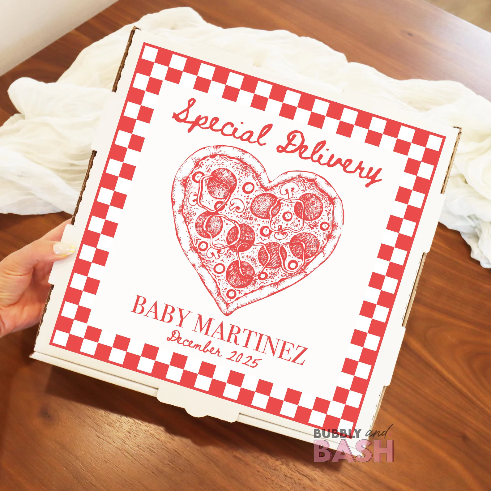 Custom pizza box pregnancy announcement label