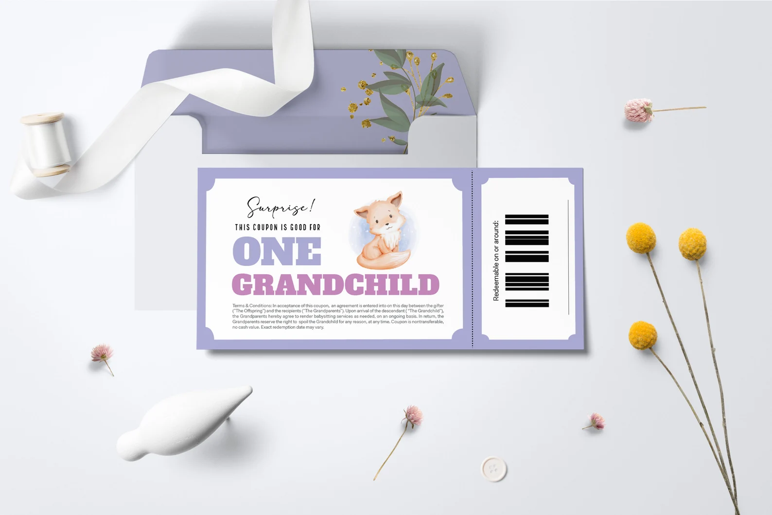 Pregnancy reveal to parents coupon that says good for one grandchild