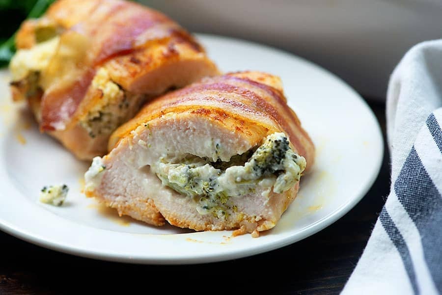 Bacon wrapped chicken breast stuffed with cream cheese and broccoli, low carb gestational diabetes dinner idea.