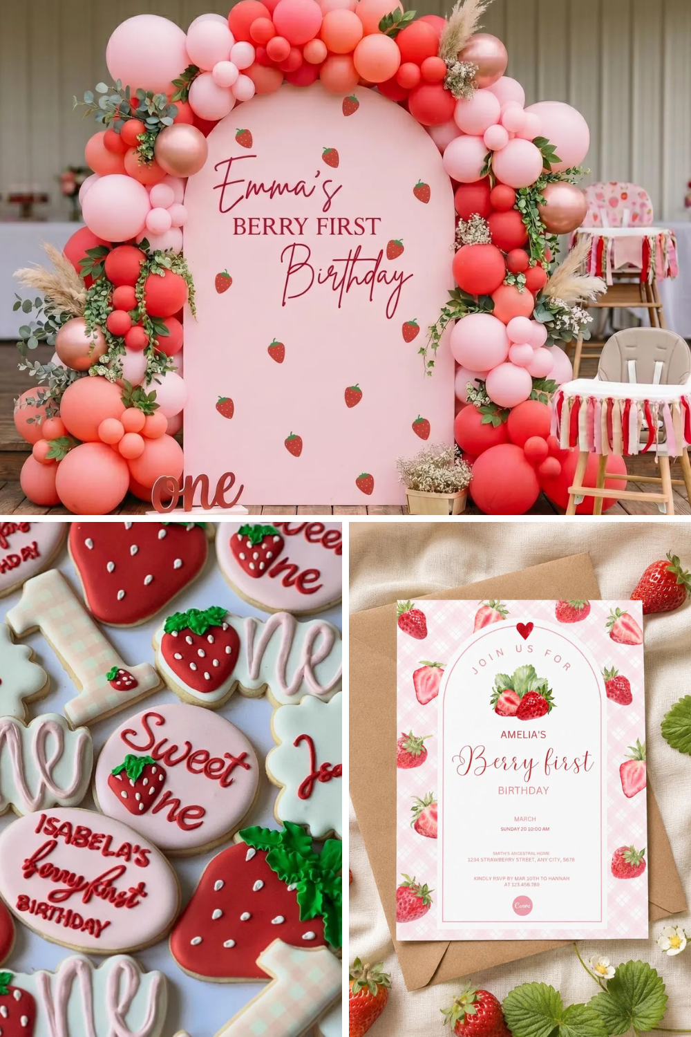 Berry first birthday party theme with pink and red strawberry decorations, balloon arch backdrop, strawberry cookies, and matching pink strawberry invitation ideas for a girl’s first birthday celebration.