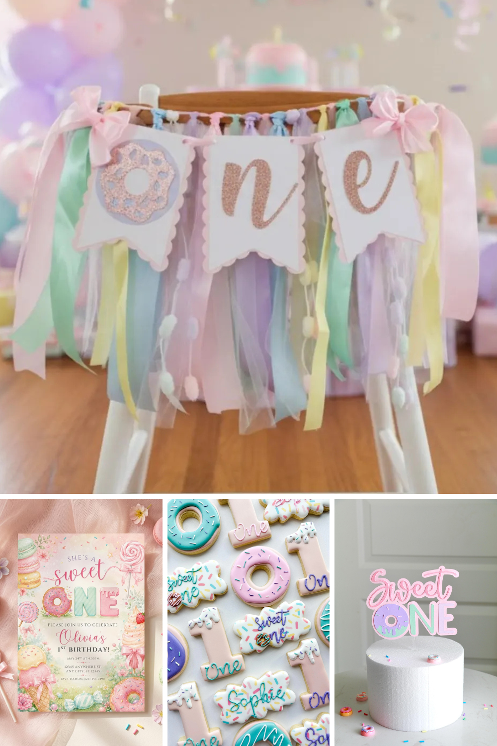 Sweet One first birthday party theme with pastel donut decorations, colorful ribbon highchair banner, donut cookies, and matching candy-inspired invitation ideas for a girl’s first birthday celebration.
