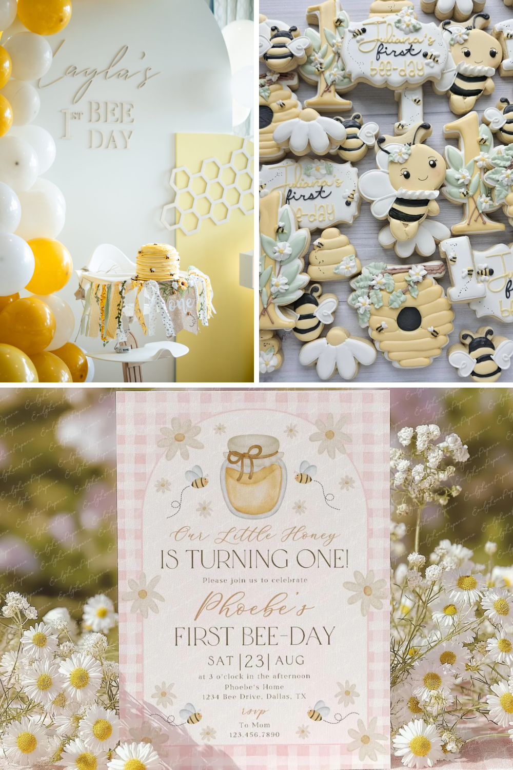 First Bee-Day birthday party theme with yellow and white balloon decorations, honey bee cookies, daisy accents, and honey-inspired invitation ideas for a girl’s first birthday celebration.