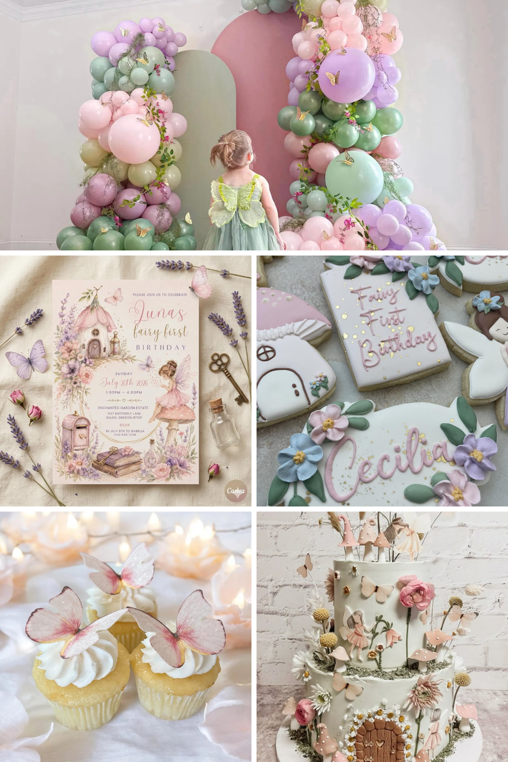 Fairy first birthday party theme with pastel balloon garlands, whimsical fairy decorations, floral cookies, butterfly cupcakes, and an enchanted fairy garden cake for a girl’s first birthday celebration.