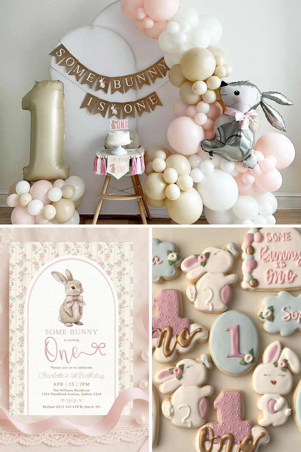 Some Bunny Is One first birthday party theme with blush pink and neutral balloon decorations, bunny-shaped cookies, floral rabbit invitations, and sweet bunny decor for a girl’s first birthday celebration.