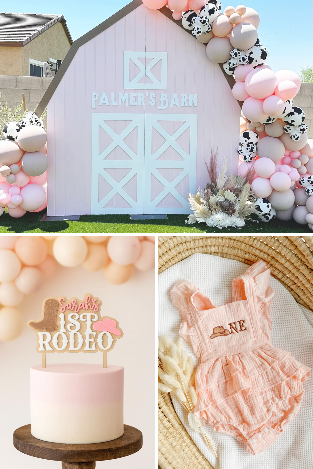 First Rodeo birthday party theme with blush pink barn decorations, cow print balloon garlands, western-inspired cake topper, and pink cowgirl outfit ideas for a girl’s first birthday celebration.