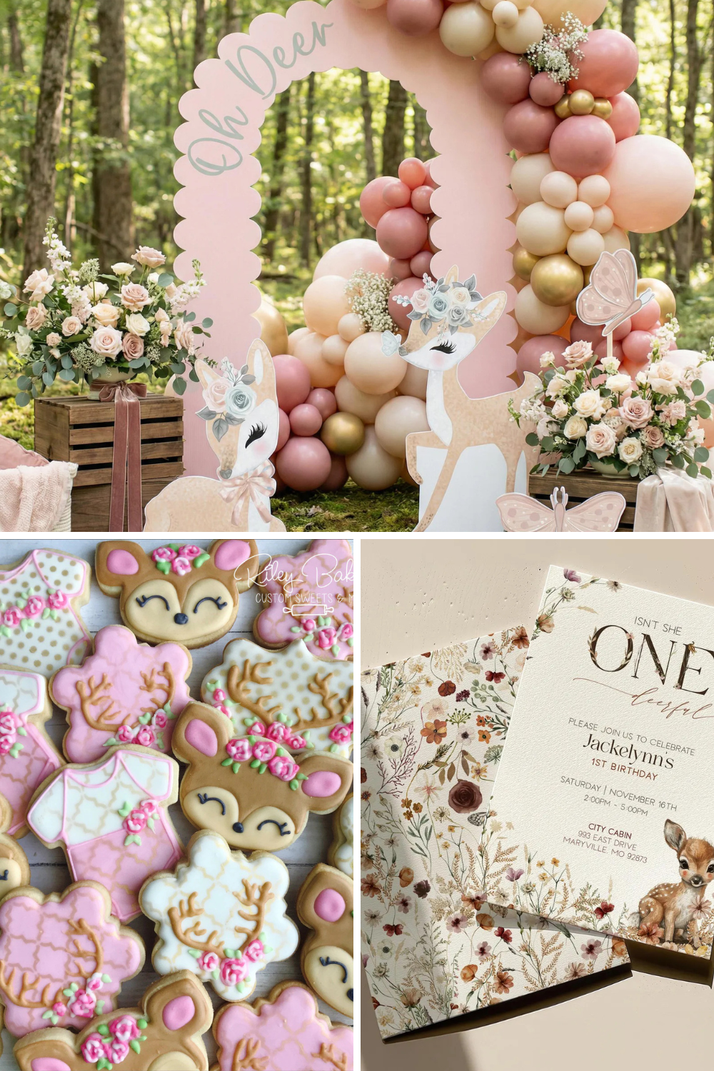 One Deer first birthday party theme with blush pink woodland decorations, deer cutouts, floral balloon garlands, deer-shaped cookies, and woodland-inspired invitations for a girl’s first birthday celebration.