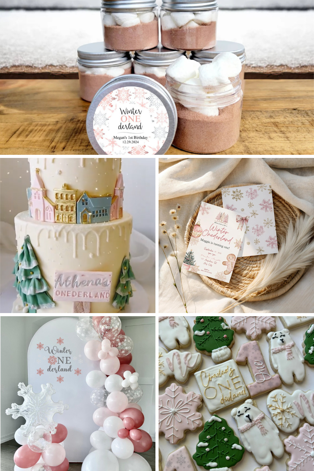 Winter ONEderland first birthday party theme with pink and white snowflake decorations, winter-themed cookies, pastel holiday cake ideas, and matching winter birthday invitations for a girl’s first birthday celebration.