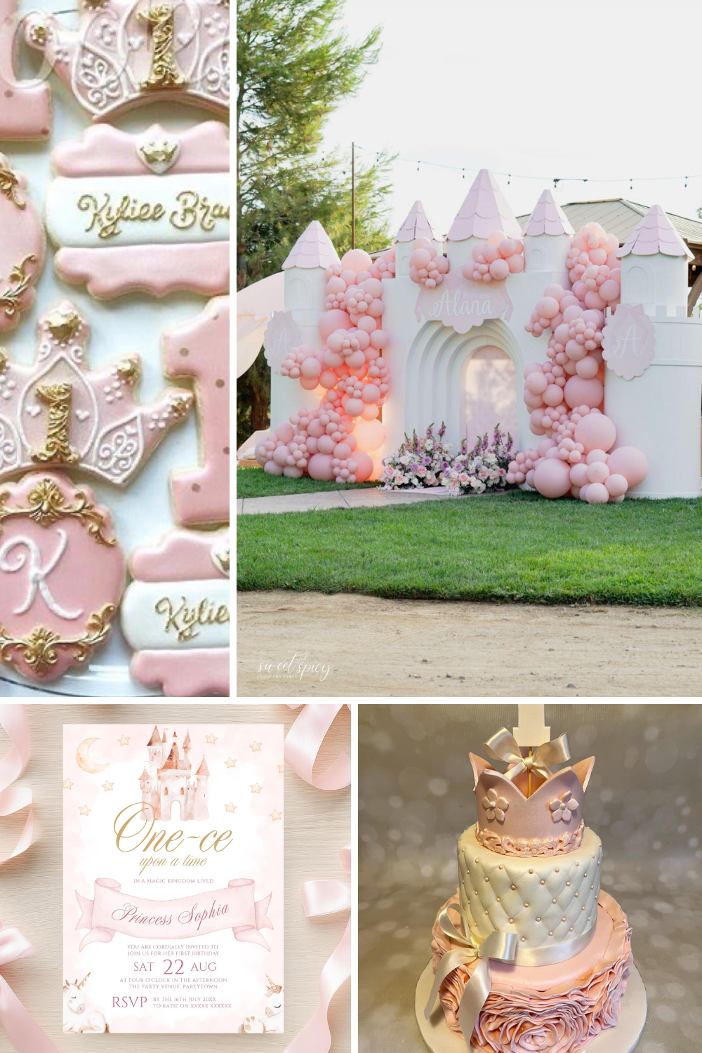 Princess first birthday party theme with pink castle decorations, princess cookies, fairytale invitations, and a crown-inspired birthday cake for a girl’s first birthday celebration.