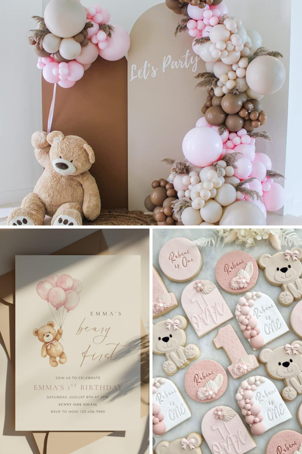 Beary First birthday party theme with teddy bear decorations, blush pink and neutral balloon garlands, teddy bear cookies, and sweet teddy-themed invitations for a girl’s first birthday celebration.
