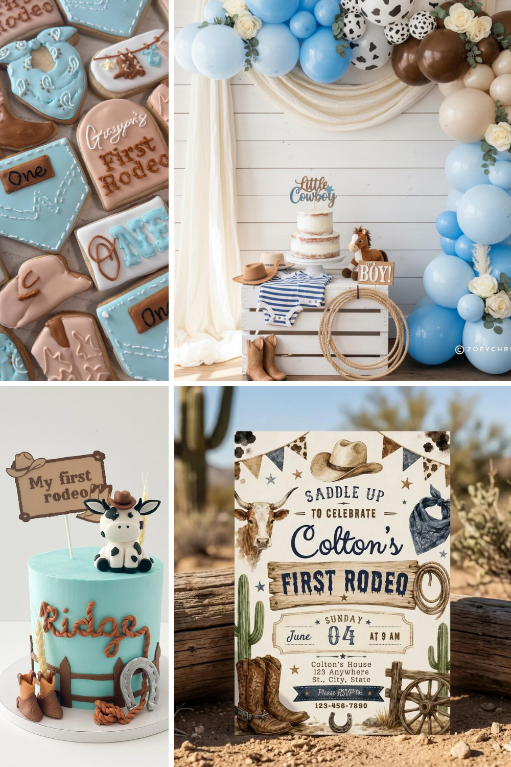 Western “My First Rodeo” birthday party inspiration with cowboy cookies, blue balloon arch, rodeo themed cake, and rustic first birthday invitation for boys.