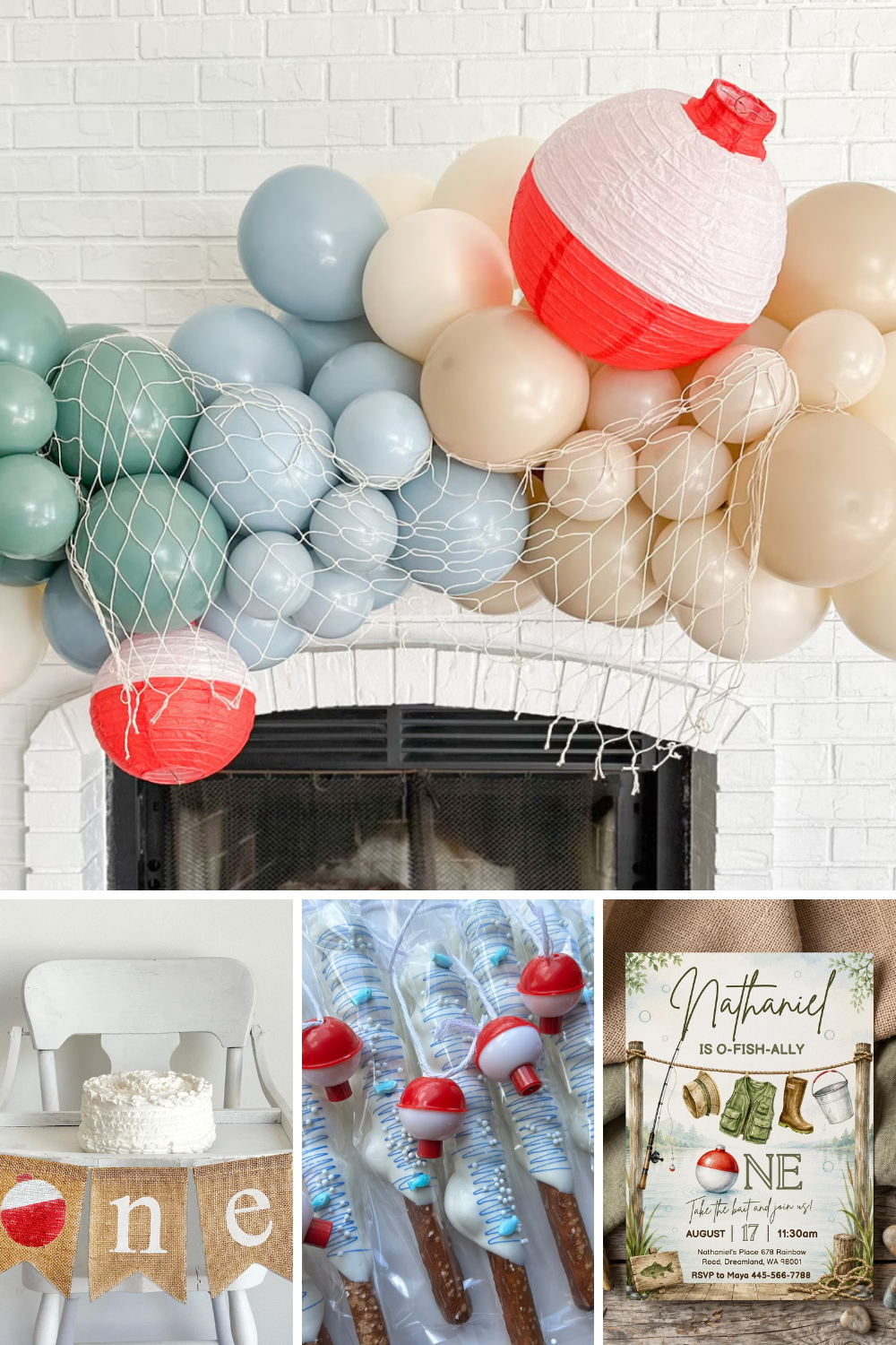 Fishing themed first birthday party with bobber balloon garland, fishing birthday invitation, and blue pretzel rod treats for a boy’s first birthday.