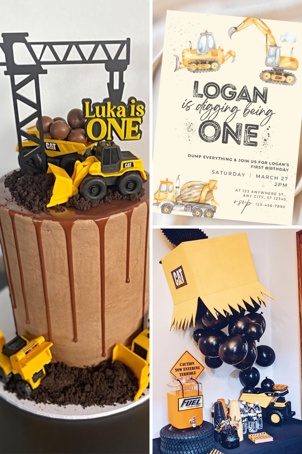 Construction themed first birthday party with excavator cake, “Digging Being One” invitation, CAT-inspired balloon decoration, and yellow construction truck party decor for boys.