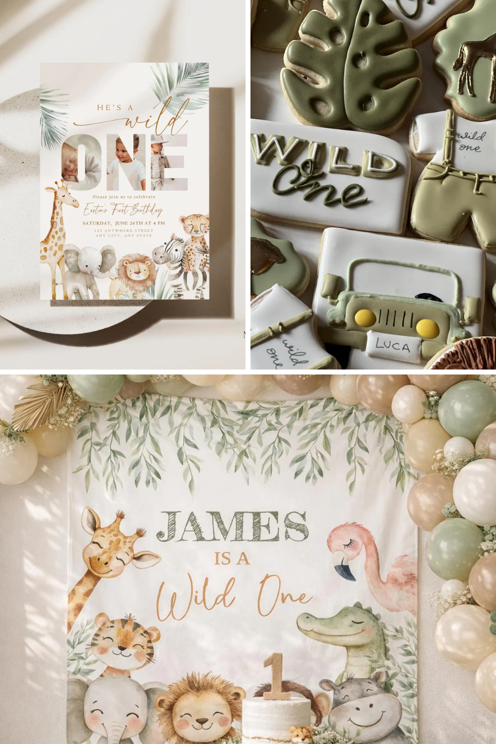 Wild One safari first birthday party inspiration featuring jungle animal invitation, safari themed sugar cookies, neutral balloon garland, and adorable watercolor animal birthday backdrop for boys.