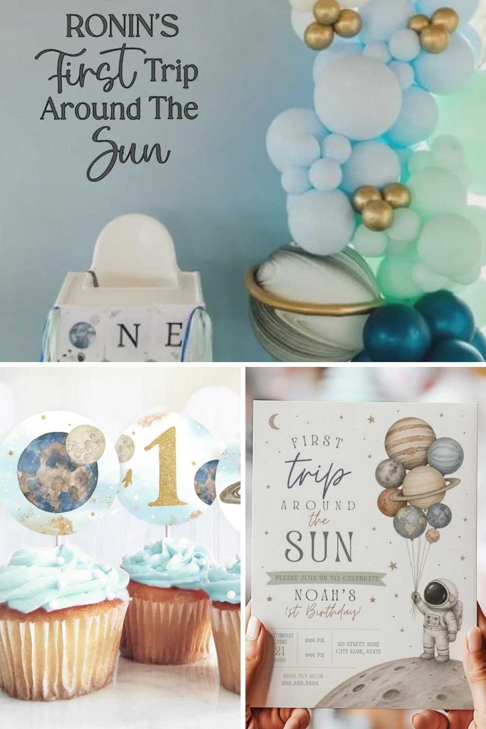 “First Trip Around the Sun” first birthday party theme with space-inspired balloon garland, astronaut invitation, planet cupcake toppers, and solar system decorations for a boy’s first birthday.