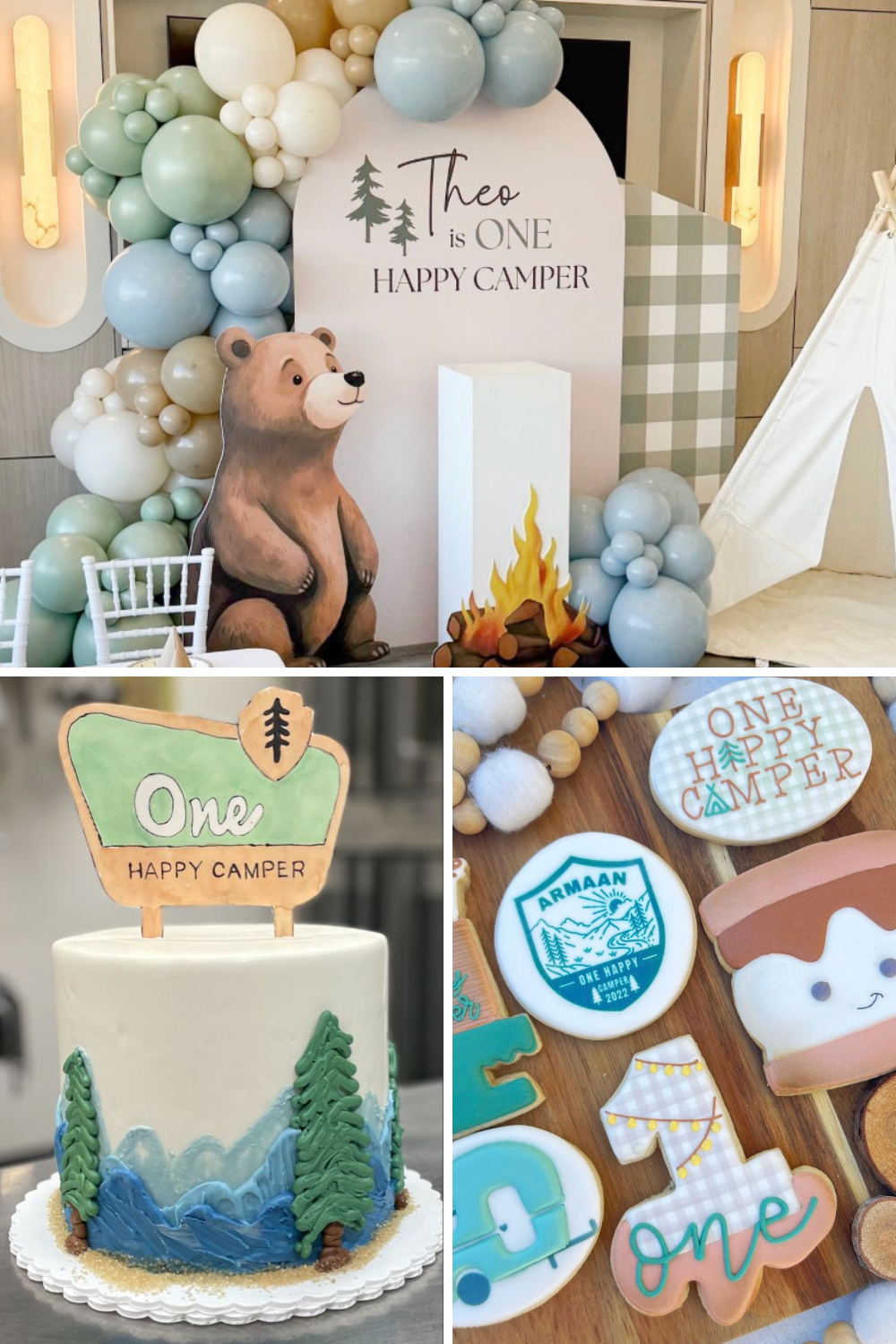 “One Happy Camper” first birthday party theme featuring woodland balloon arch, camping tent backdrop, bear cutout, mountain cake, and camping-inspired decorated cookies for a boy’s first birthday.