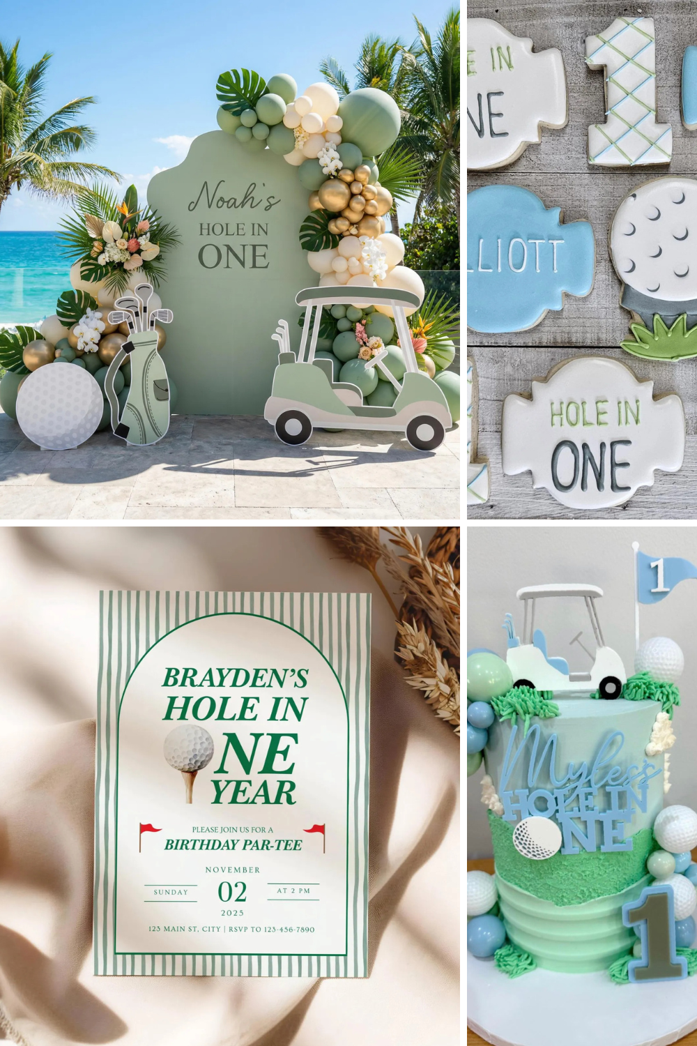 Golf-themed first birthday party featuring Hole in One decorations, golf cart cutouts, golf ball cookies, green balloon garlands, golf-inspired invitation, and a golf-themed birthday cake.
