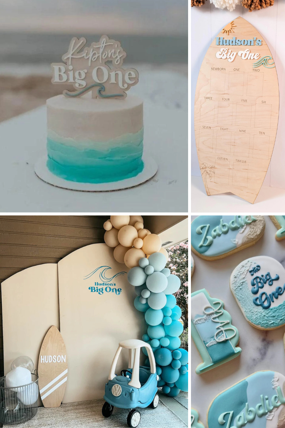Surf-themed first birthday party with blue ombre wave cake, surfboard milestone board, beach balloon arch, surfboard decor, and custom The Big One cookies.