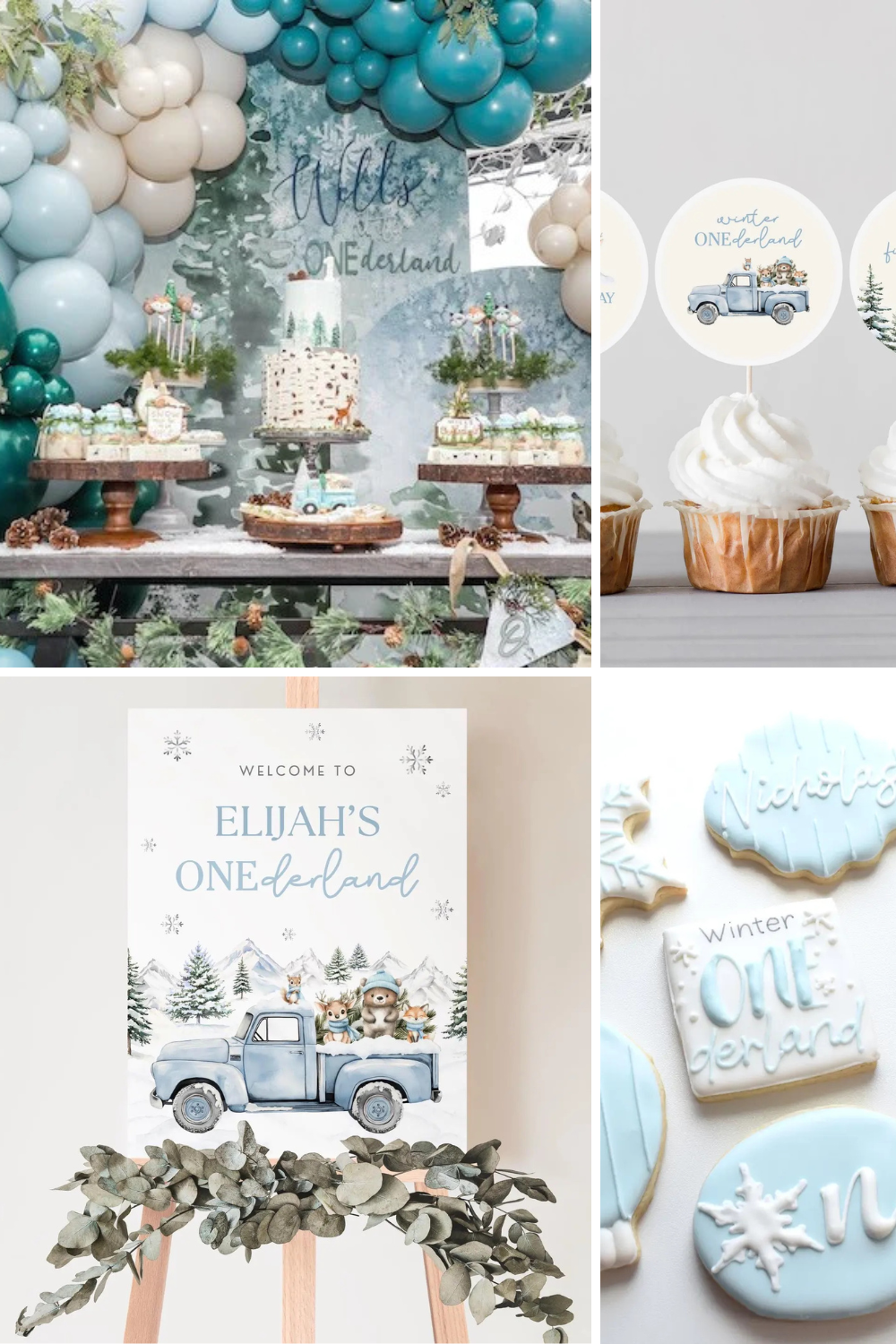 Winter ONEderland first birthday party featuring blue and white balloon garlands, snowy woodland animal decorations, winter-themed desserts, custom cookies, and a winter first birthday welcome sign.