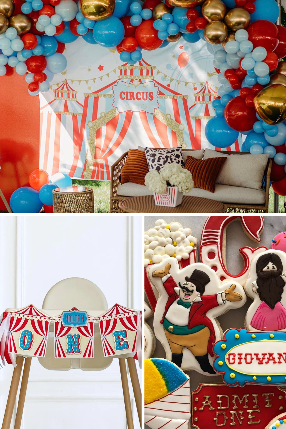 Circus-themed first birthday party featuring red and blue balloon garlands, circus tent backdrop, carnival-inspired decorations, circus cookies, and a “Come One, Come All” first birthday setup.